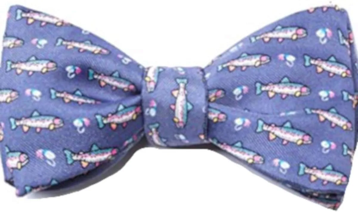 100% Silk Blue Trout & Fly Fishing Self Tie Bow Tie Bowtie Neckwear