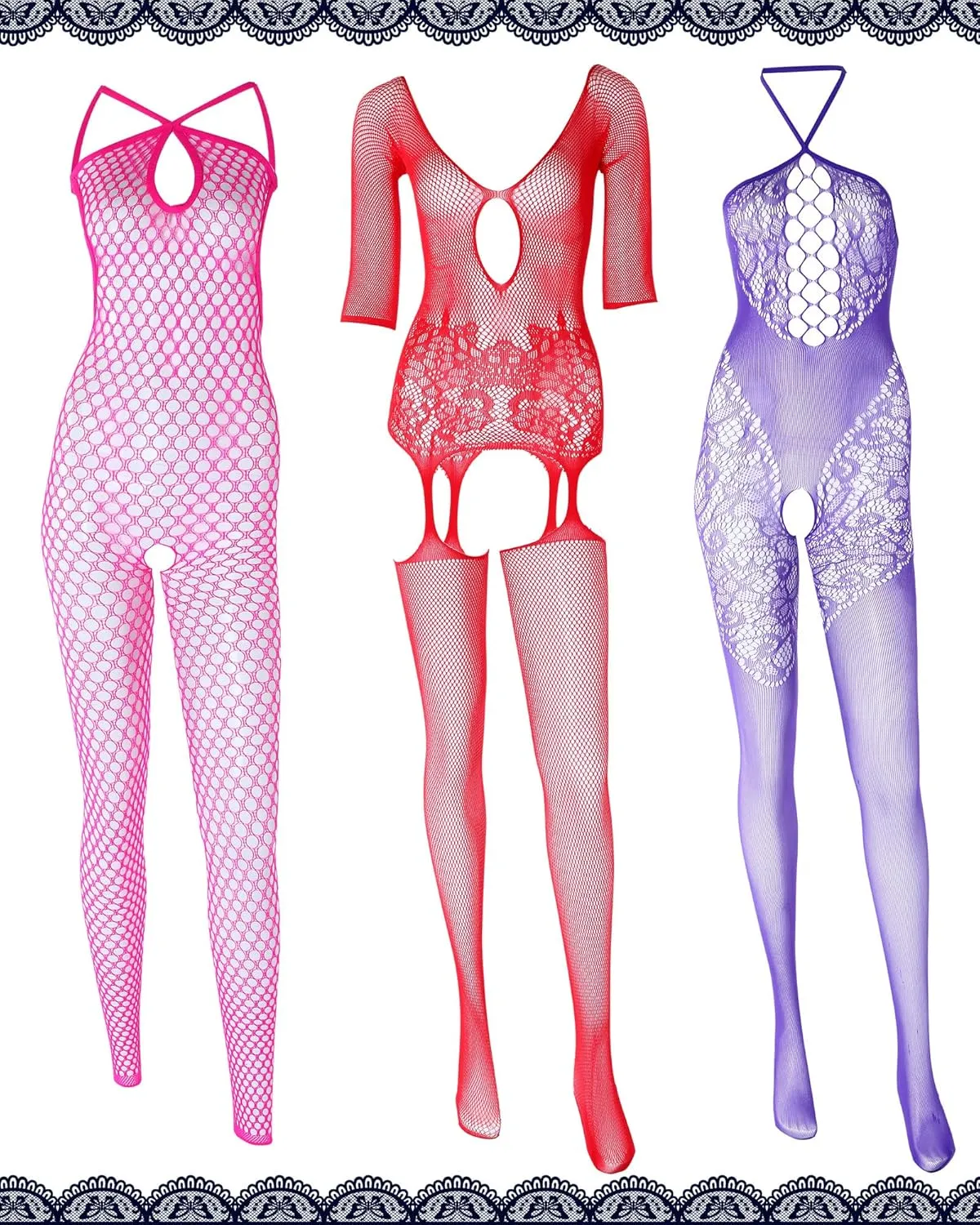 12 Pieces Women's Fishnet Lingerie Mesh Bodysuit Lace Smock Lingerie for Women