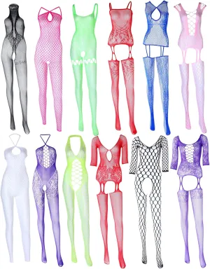 12 Pieces Women's Fishnet Lingerie Mesh Bodysuit Lace Smock Lingerie for Women