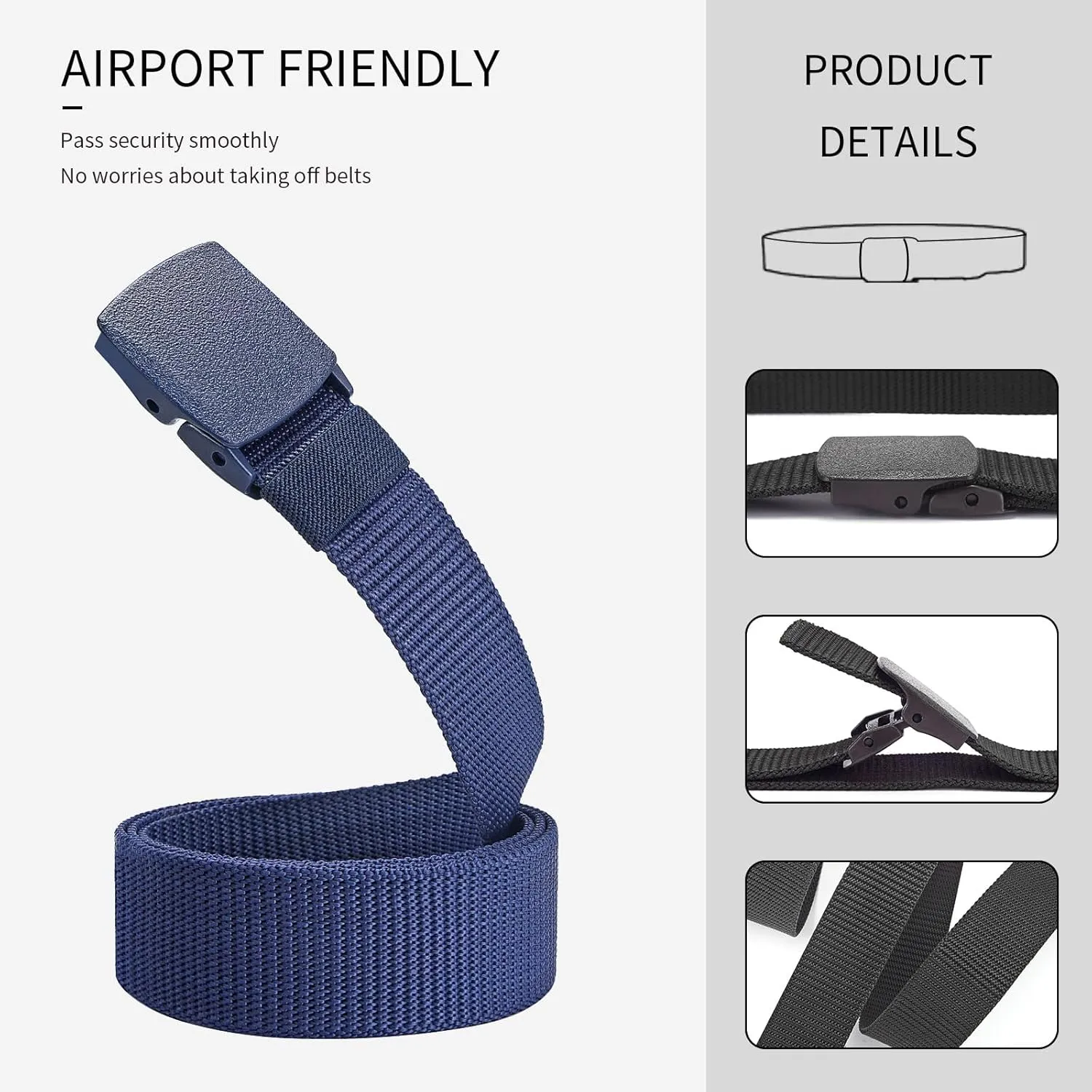 2-Pack Tactical Nylon Military Web Belt - TSA Approved Non-Metal Nickel Free Hypoallergenic Plastic Belt Buckles
