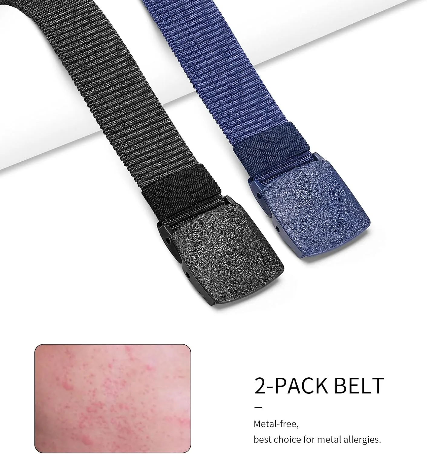 2-Pack Tactical Nylon Military Web Belt - TSA Approved Non-Metal Nickel Free Hypoallergenic Plastic Belt Buckles