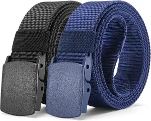 2-Pack Tactical Nylon Military Web Belt - TSA Approved Non-Metal Nickel Free Hypoallergenic Plastic Belt Buckles
