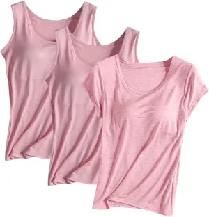 3PC T-Shirt with Built-in Bra Women Workout Tank Tops Sleeveless Padded Bras Soft Pajama Top Plus Size Modal Shirt