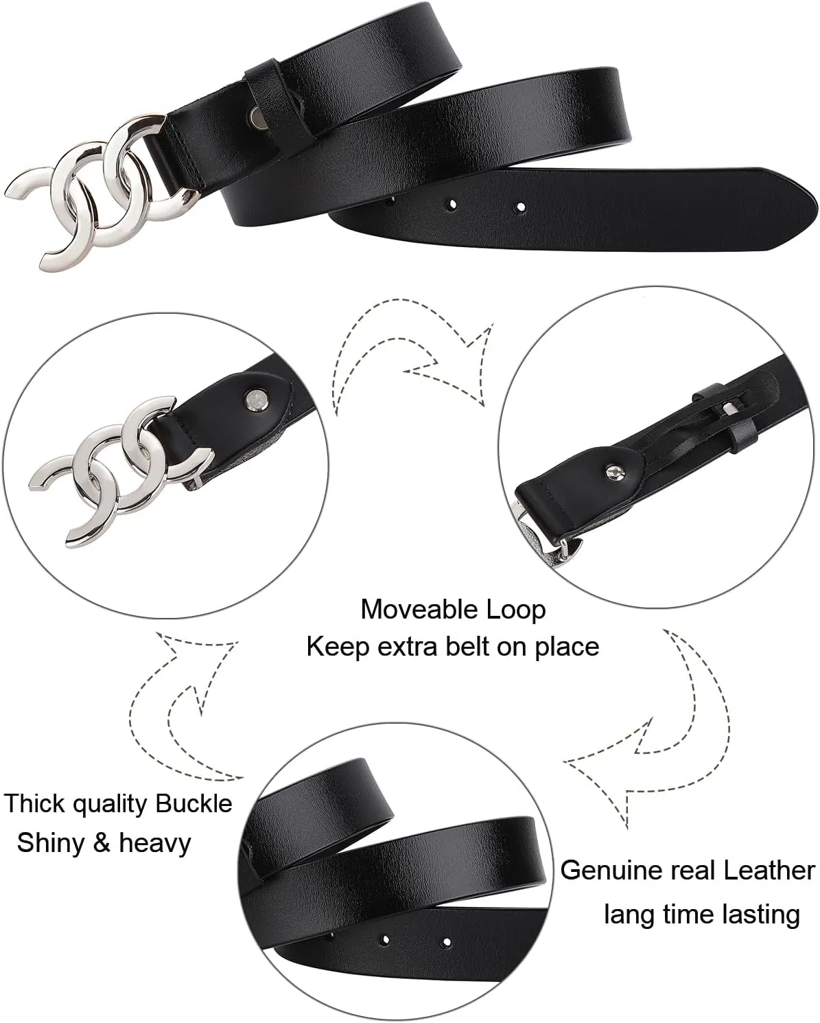 ALAIX Women's Belt Gold/Silver Buckle Belt Black leather belt Fashion Dress Pants Jeans belts for women