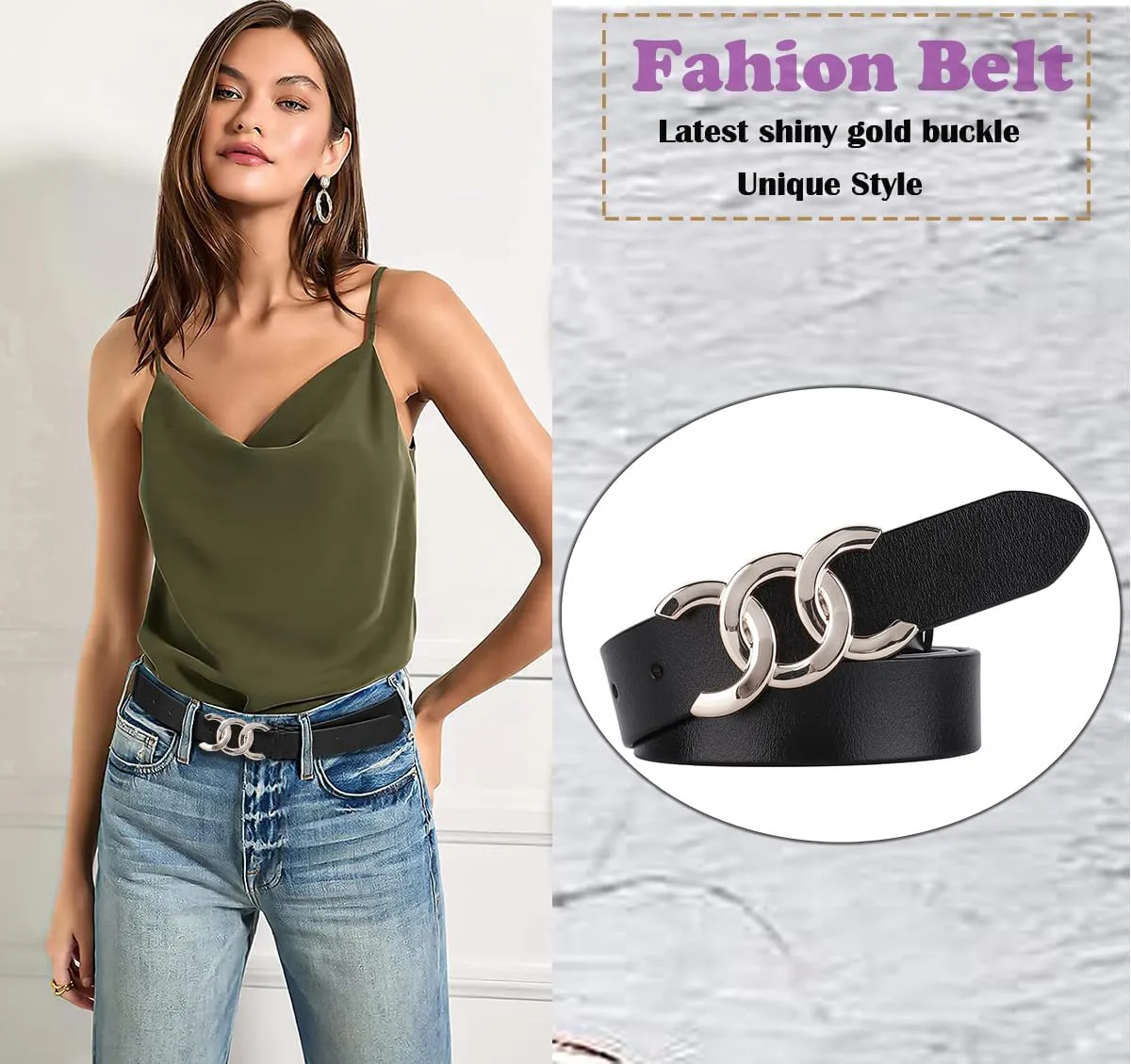 ALAIX Women's Belt Gold/Silver Buckle Belt Black leather belt Fashion Dress Pants Jeans belts for women