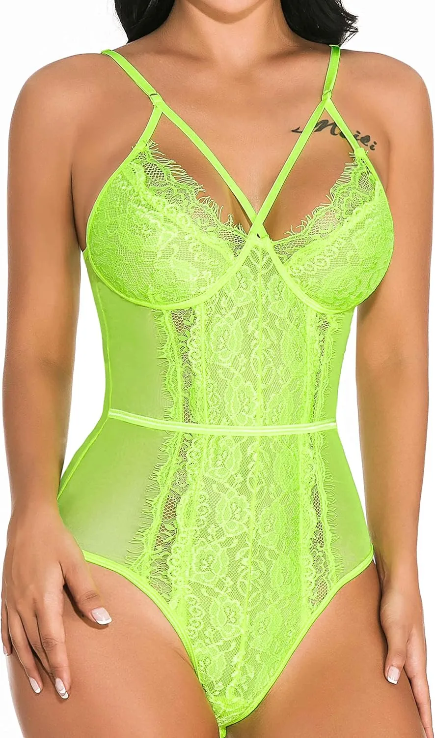 Aranmei Lingerie for Women Eyelash Lace Strappy Sexy Teddy Babydoll Lingerie with Snap Crotch