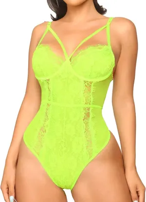 Aranmei Lingerie for Women Eyelash Lace Strappy Sexy Teddy Babydoll Lingerie with Snap Crotch