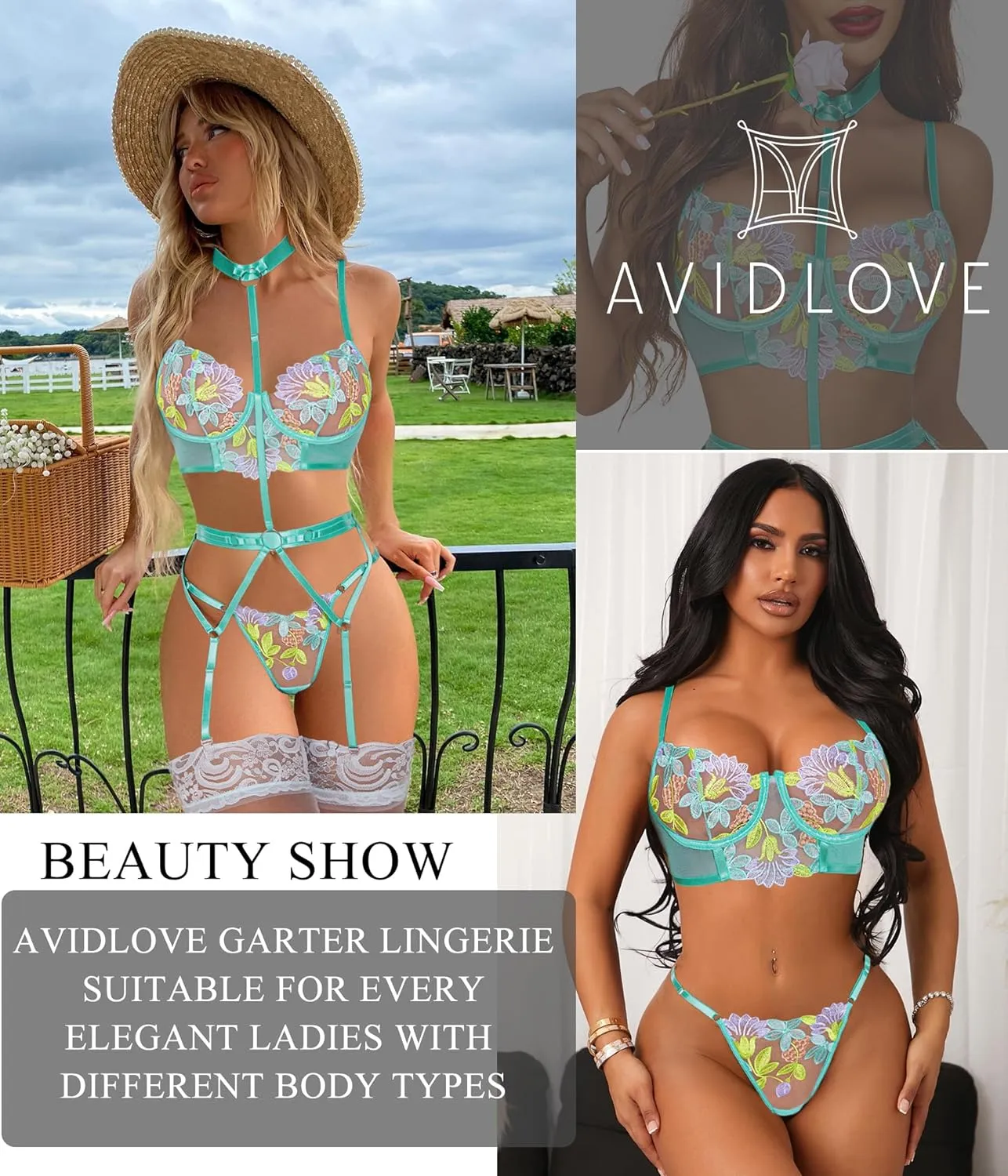 Avidlove Garter Lingerie Sets for Women Sexy with Removable Choker Floral Embroidered Underwire Lingerie (No Stockings)