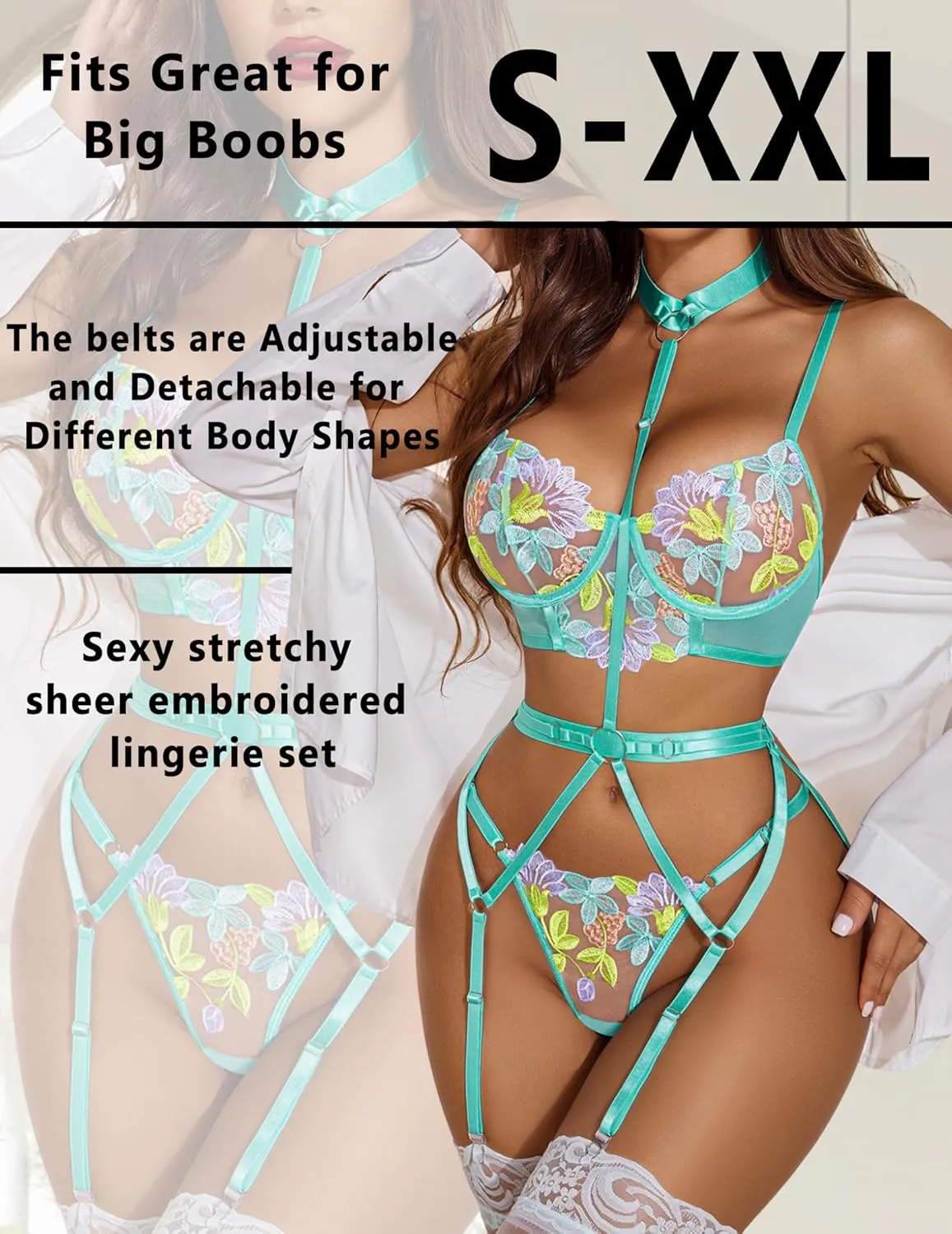 Avidlove Garter Lingerie Sets for Women Sexy with Removable Choker Floral Embroidered Underwire Lingerie (No Stockings)