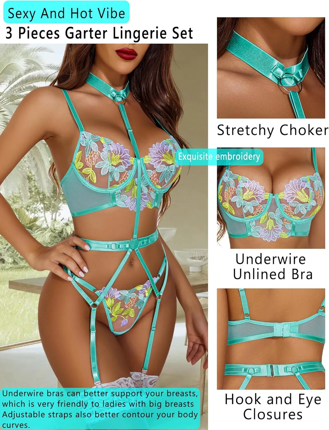 Avidlove Garter Lingerie Sets for Women Sexy with Removable Choker Floral Embroidered Underwire Lingerie (No Stockings)