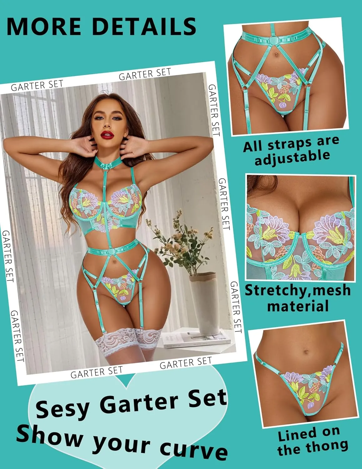 Avidlove Garter Lingerie Sets for Women Sexy with Removable Choker Floral Embroidered Underwire Lingerie (No Stockings)