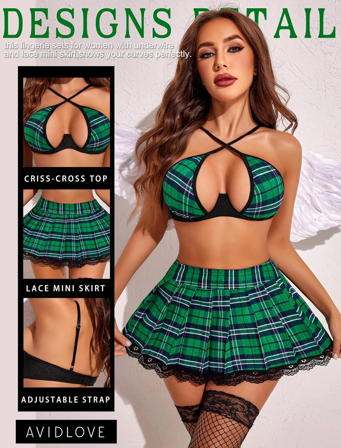 Avidlove Lingerie Set for Women with Underwire Two Piece Lingerie Sets Sexy Outfit Lingerie Set with Lace Mini Pleated Skirt