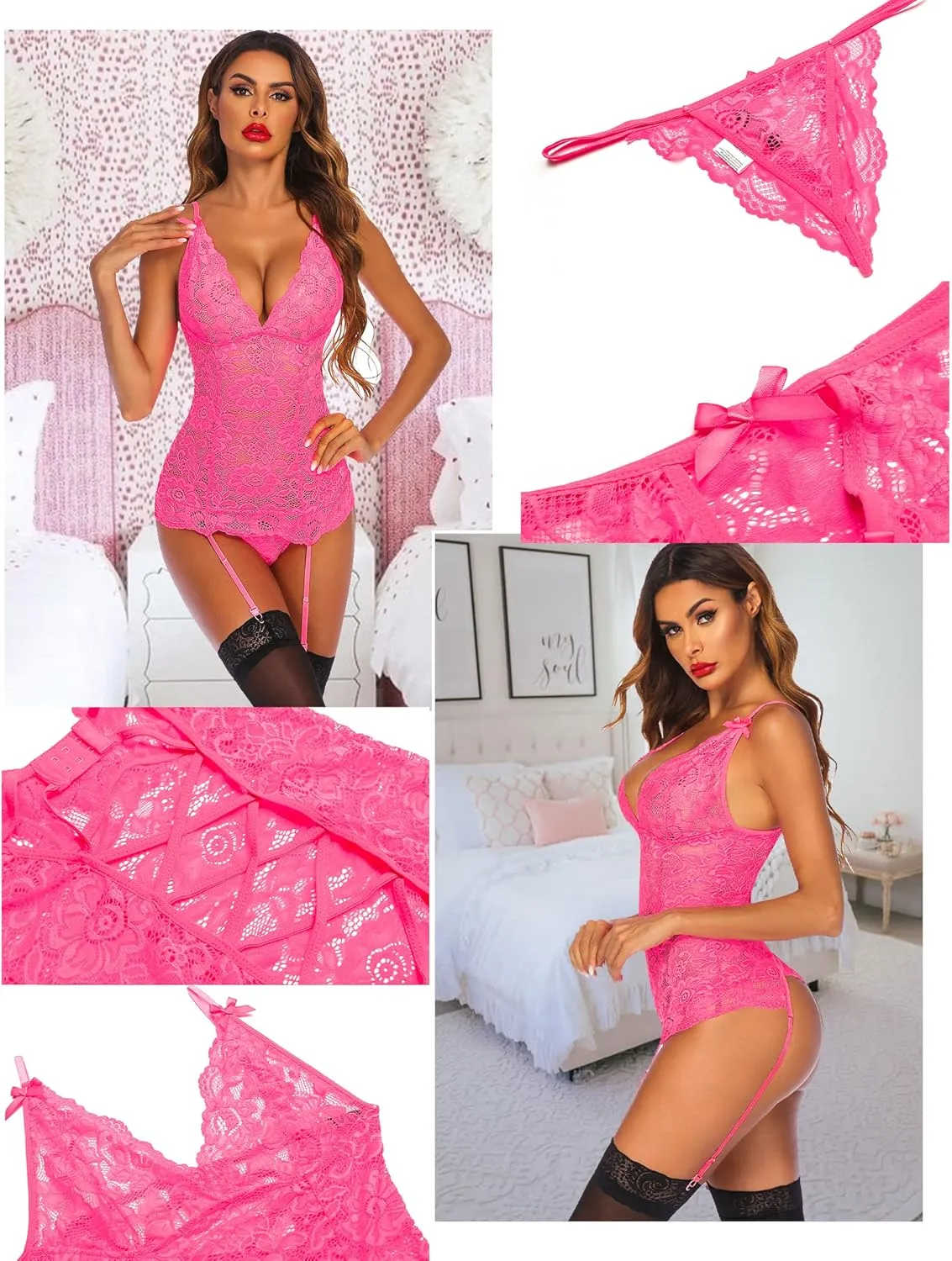 Avidlove Sexy Garter Lingerie for Women Mesh Chemise Lace Babydoll with Garter Mini Teddy Bodysuit (No Stocking)