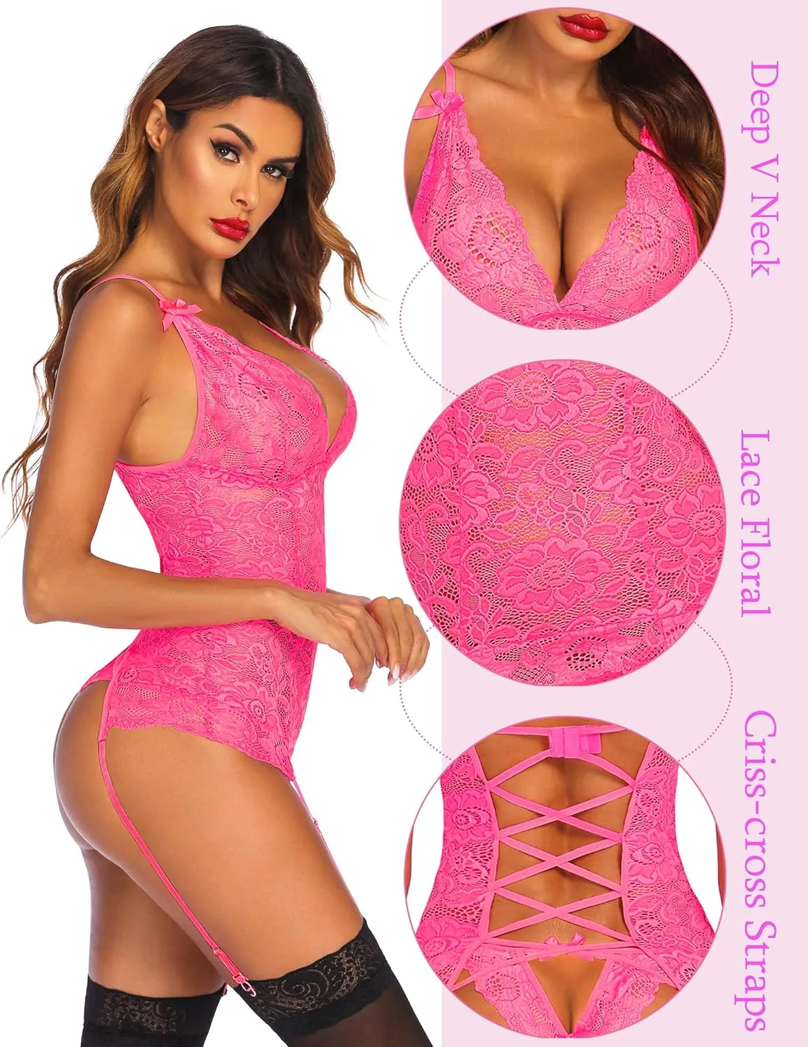 Avidlove Sexy Garter Lingerie for Women Mesh Chemise Lace Babydoll with Garter Mini Teddy Bodysuit (No Stocking)
