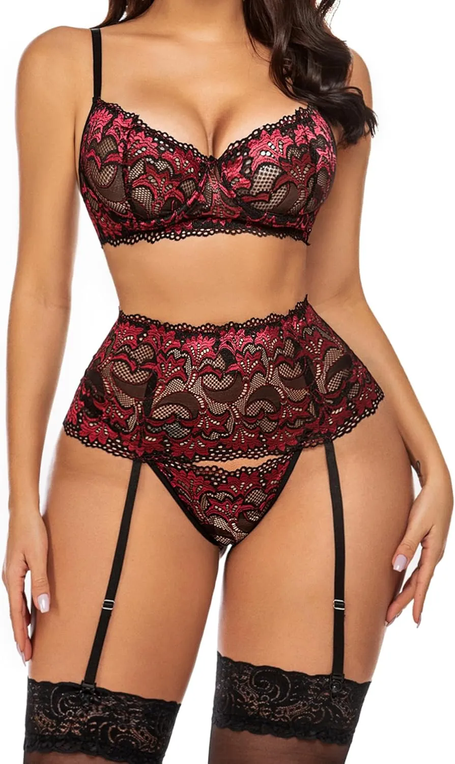 Avidlove Women Lingerie Set High Waisted Underwire Lingerie With Garter Belt Lace Babydoll