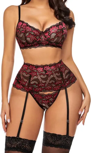 Avidlove Women Lingerie Set High Waisted Underwire Lingerie With Garter Belt Lace Babydoll