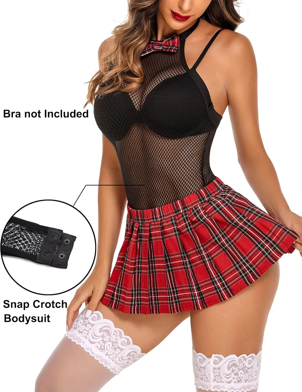 Avidlove Women Schoolgirl Lingerie Sexy Roleplay Lingerie Set Student Snap Crotch Bodysuit and Mini Skirt