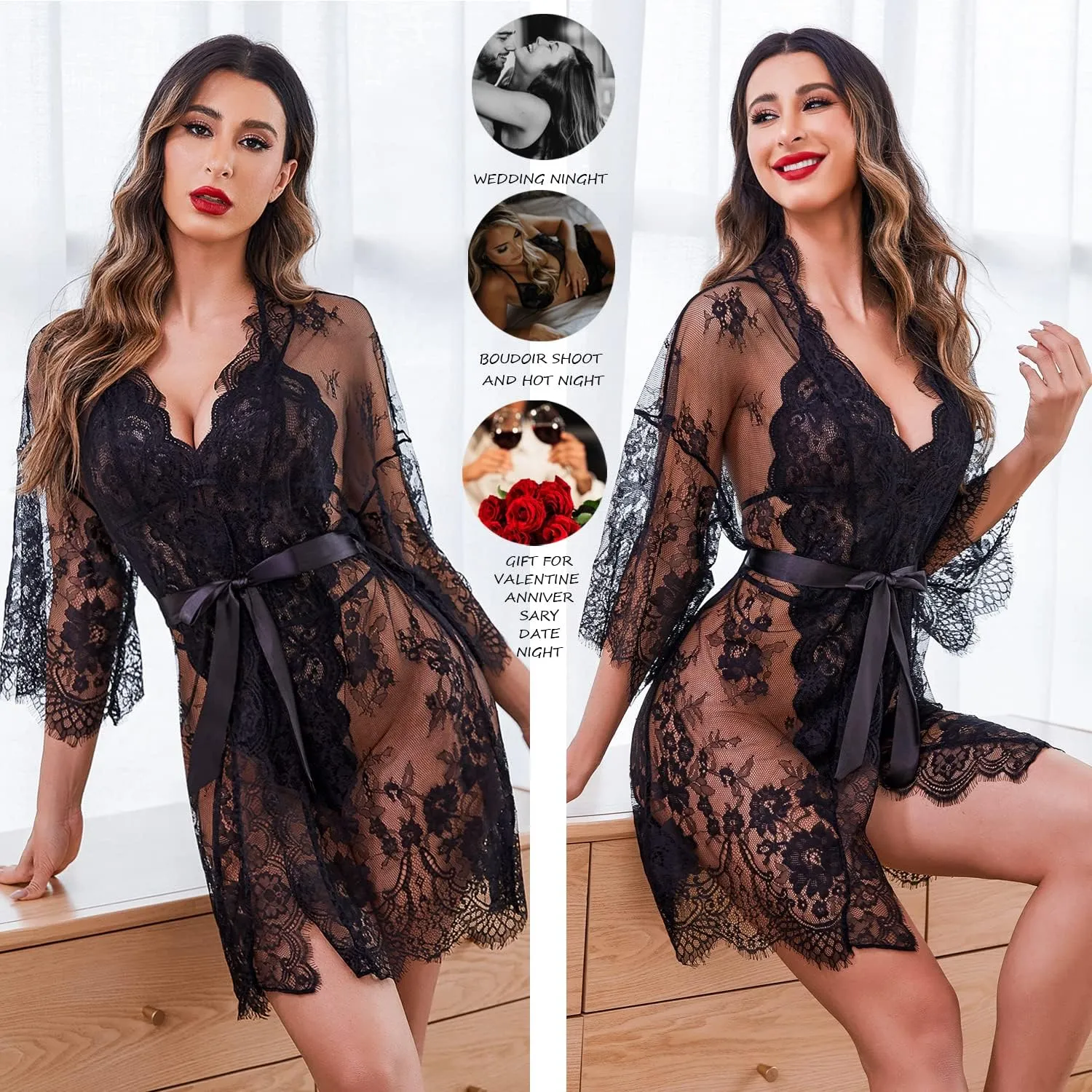 Avidlove Women Sexy Lingerie Set 2 Piece Lace Kimono Robe with Lace Teddy Lingerie Bodysuit