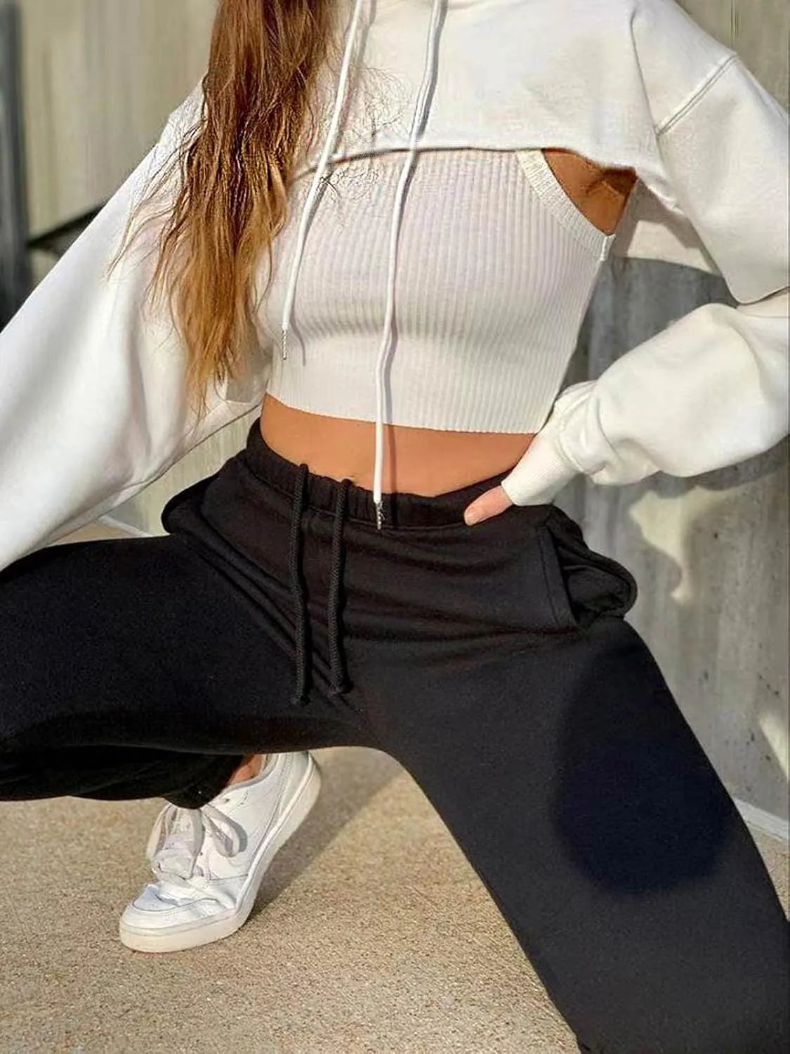 BEJONS Women Long Sleeve Cropped Super Crop Top Hoodies Sweatshirt Aesthetic Punk Hip Hop Dance Sexy Rave Cloth