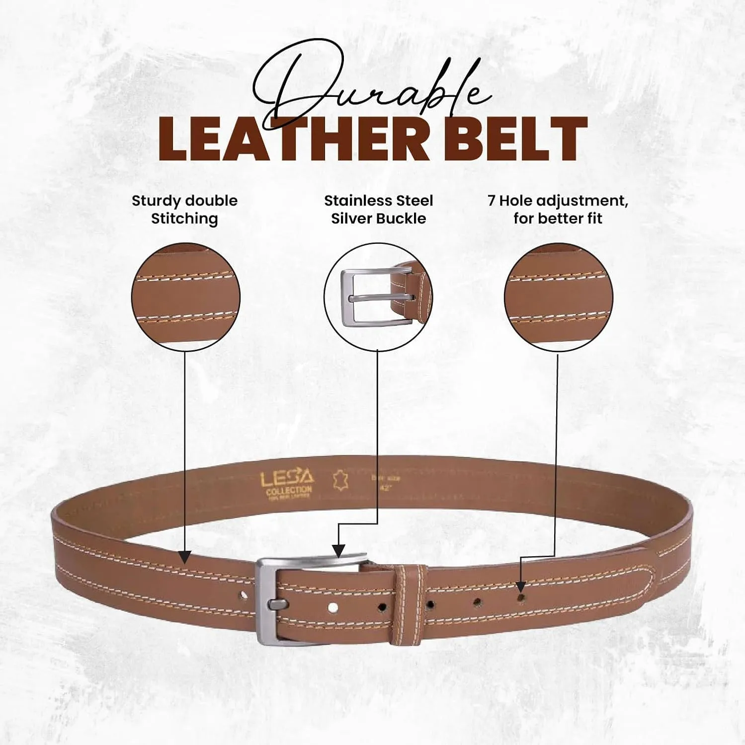 Berreri Mens Genuine Leather Belt Men with Strong Metal Buckle - Durable Double Stitching Mens Leather Belt