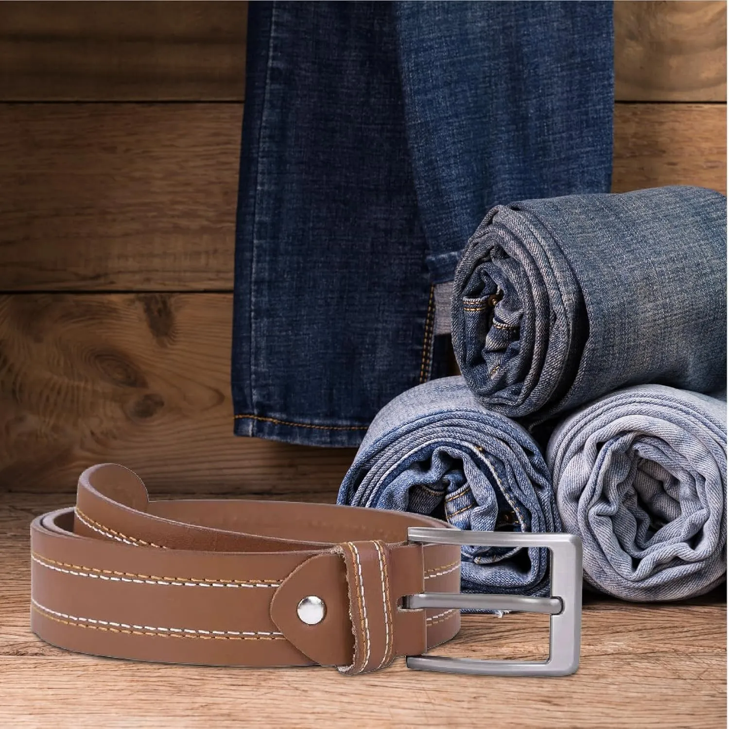 Berreri Mens Genuine Leather Belt Men with Strong Metal Buckle - Durable Double Stitching Mens Leather Belt