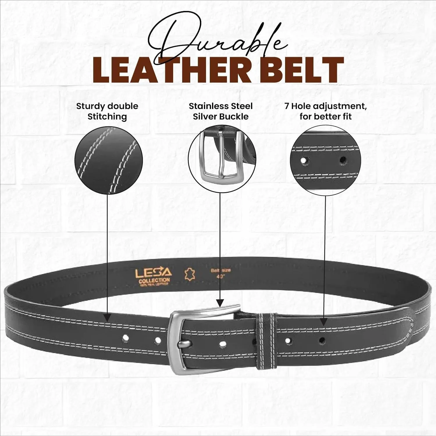 Berreri Mens Genuine Leather Belt Men with Strong Metal Buckle - Durable Double Stitching Mens Leather Belt