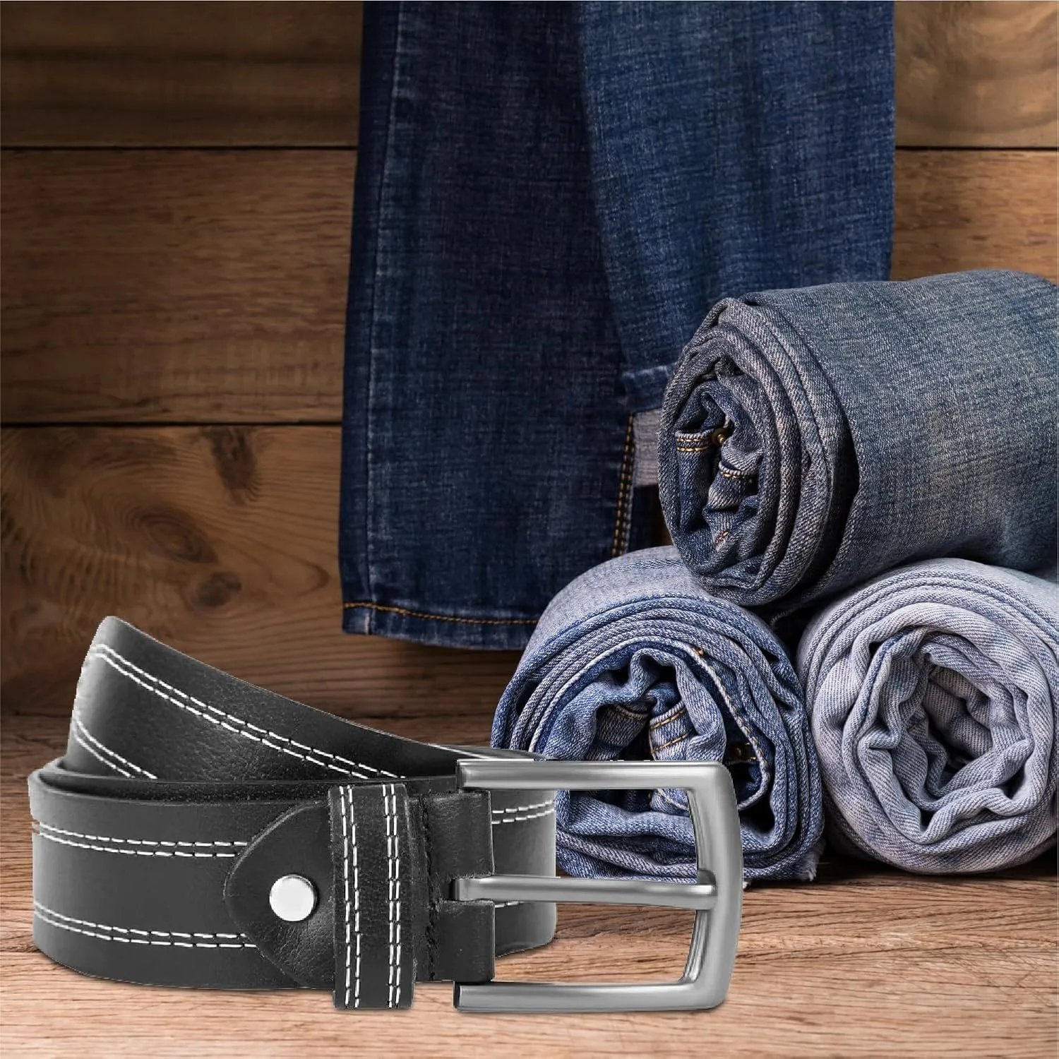 Berreri Mens Genuine Leather Belt Men with Strong Metal Buckle - Durable Double Stitching Mens Leather Belt