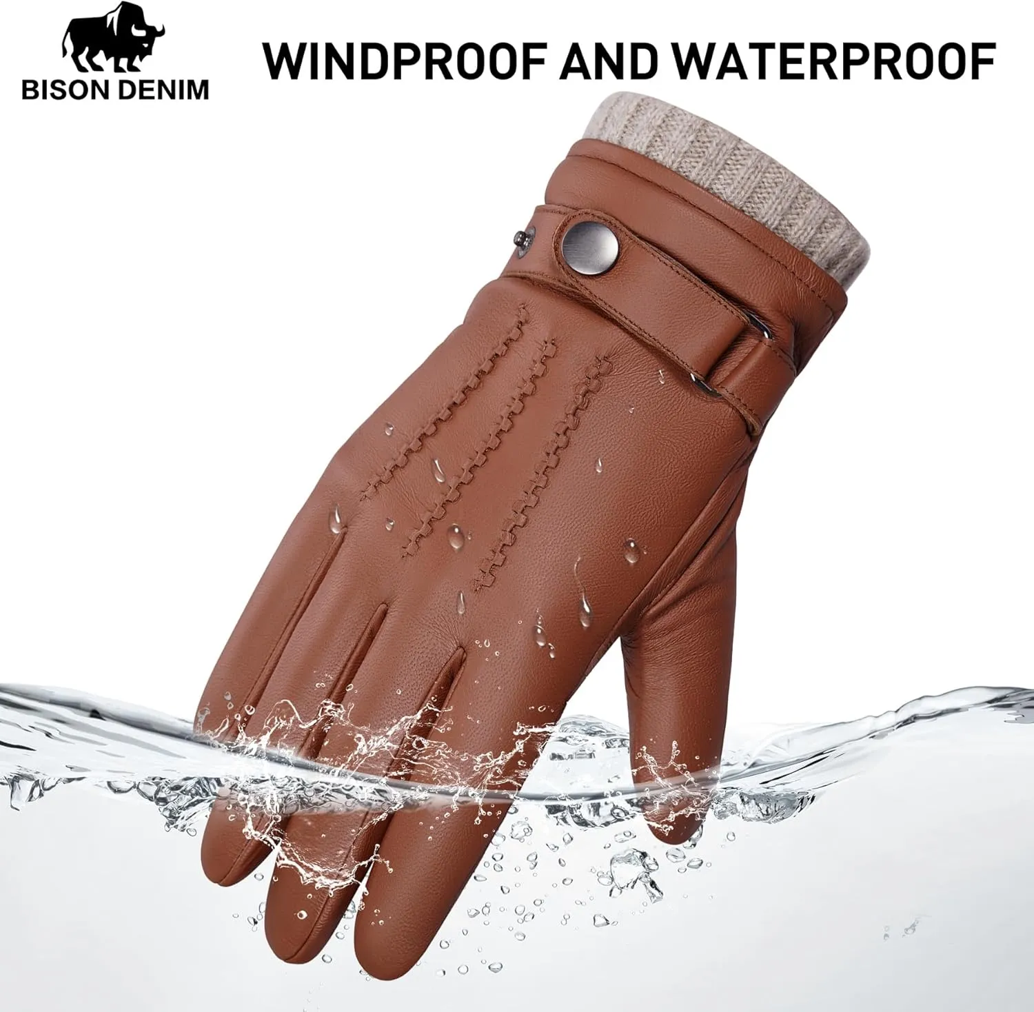 BISON DENIM Sheepskin Leather Gloves for Men, Winter Warm Touchscreen Gloves with Cashmere Lining, Driving Motorcycle Gloves