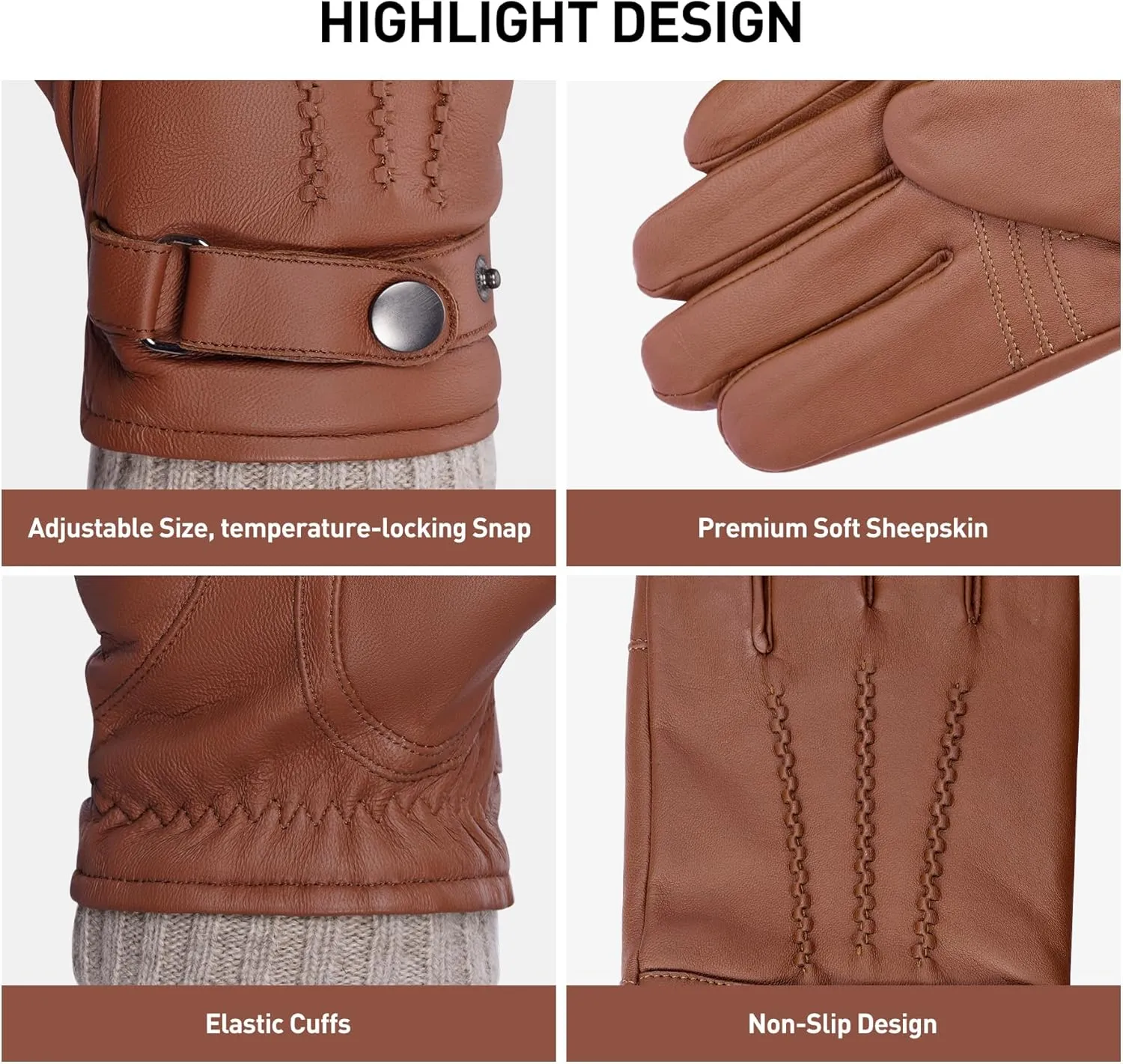 BISON DENIM Sheepskin Leather Gloves for Men, Winter Warm Touchscreen Gloves with Cashmere Lining, Driving Motorcycle Gloves