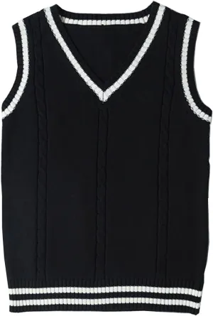 Blostirno Womens Sweater Vest V Neck JK Uniform Kint Vests Solid Classic Sleeveless Pullover Sweaters Tops