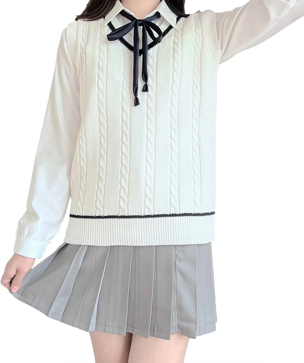 Blostirno Womens Sweater Vest V Neck JK Uniform Kint Vests Solid Classic Sleeveless Pullover Sweaters Tops