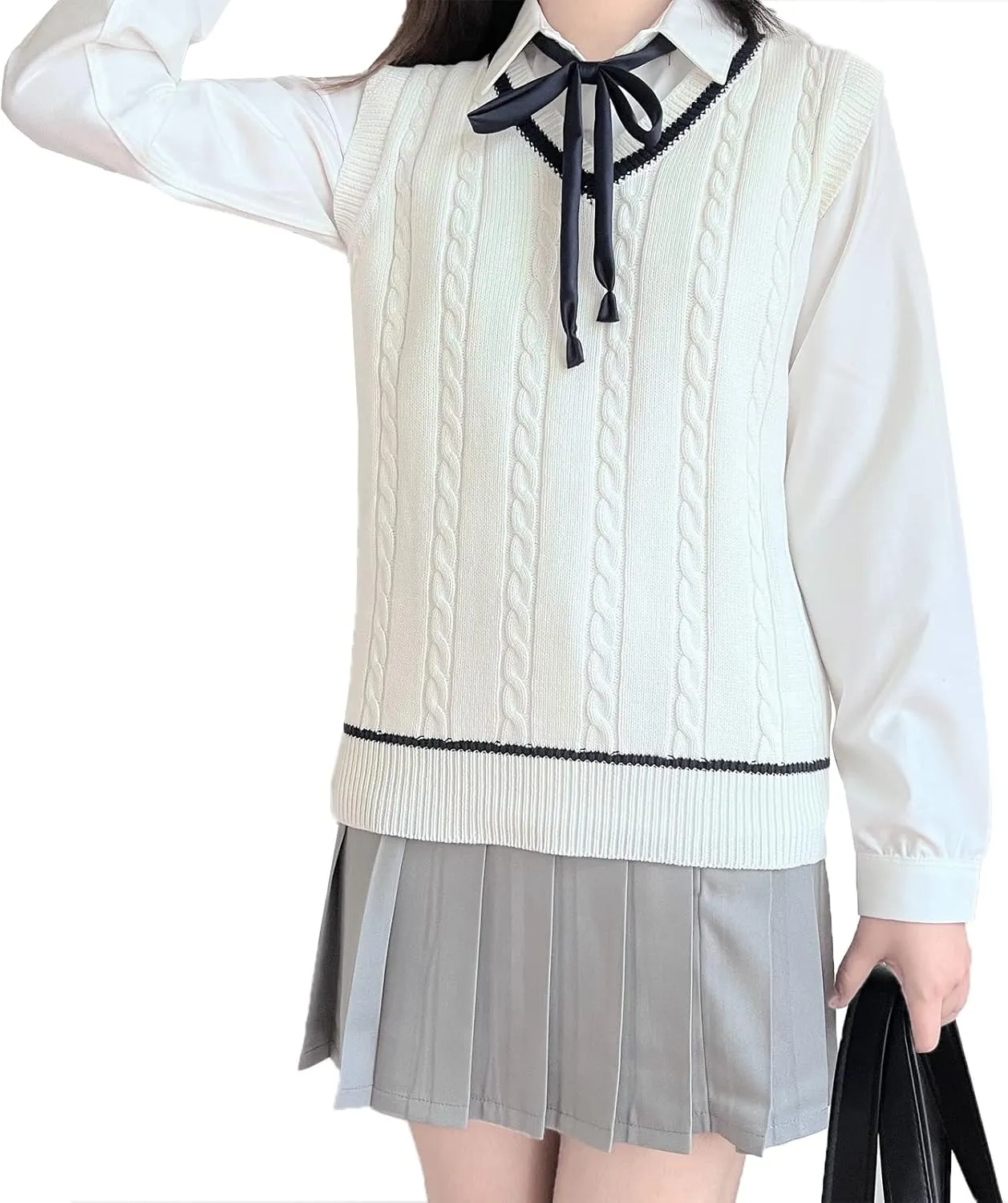 Blostirno Womens Sweater Vest V Neck JK Uniform Kint Vests Solid Classic Sleeveless Pullover Sweaters Tops
