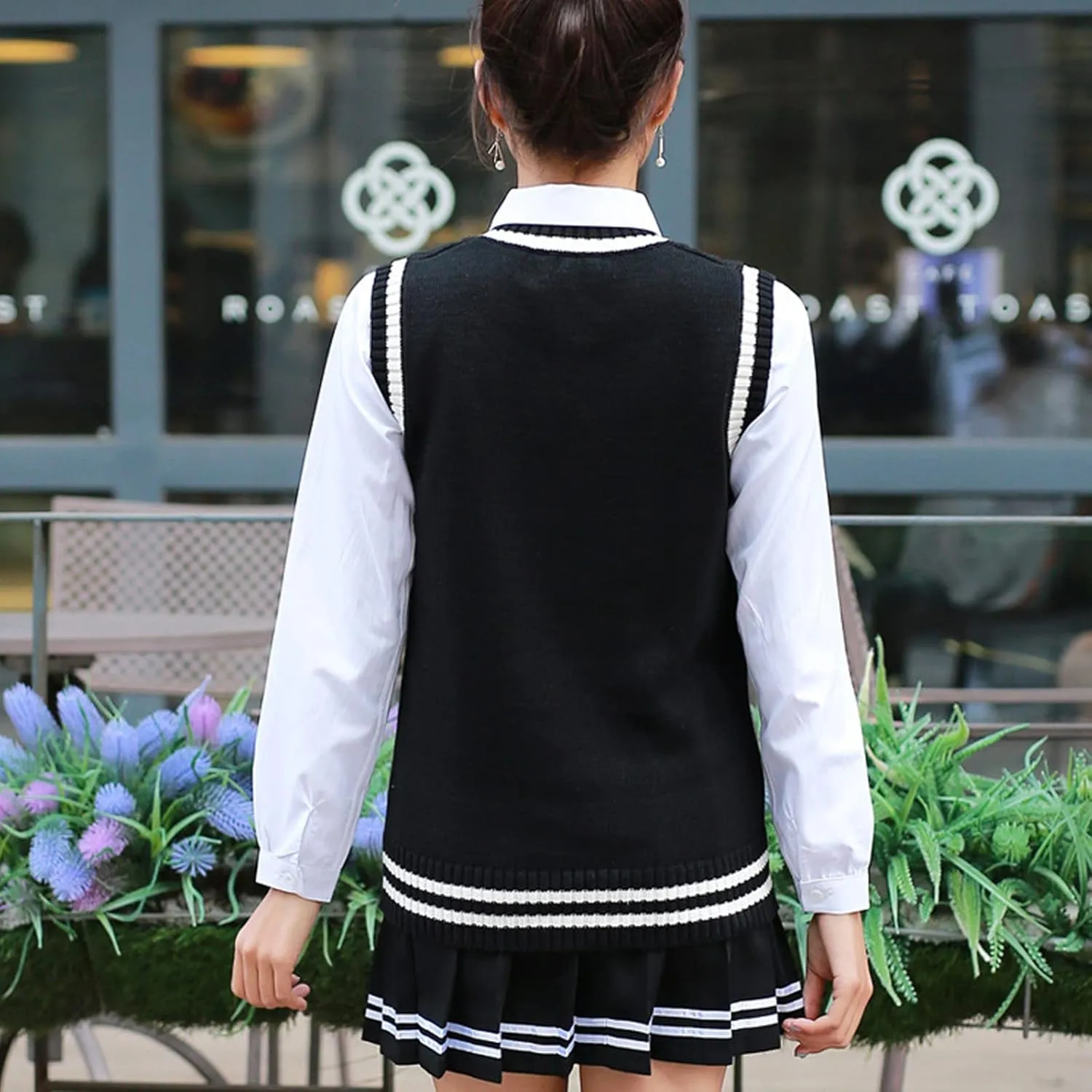 Blostirno Women’s Sweater Vest V Neck JK Uniform Kint Vests Solid Classic Sleeveless Pullover Sweaters Tops