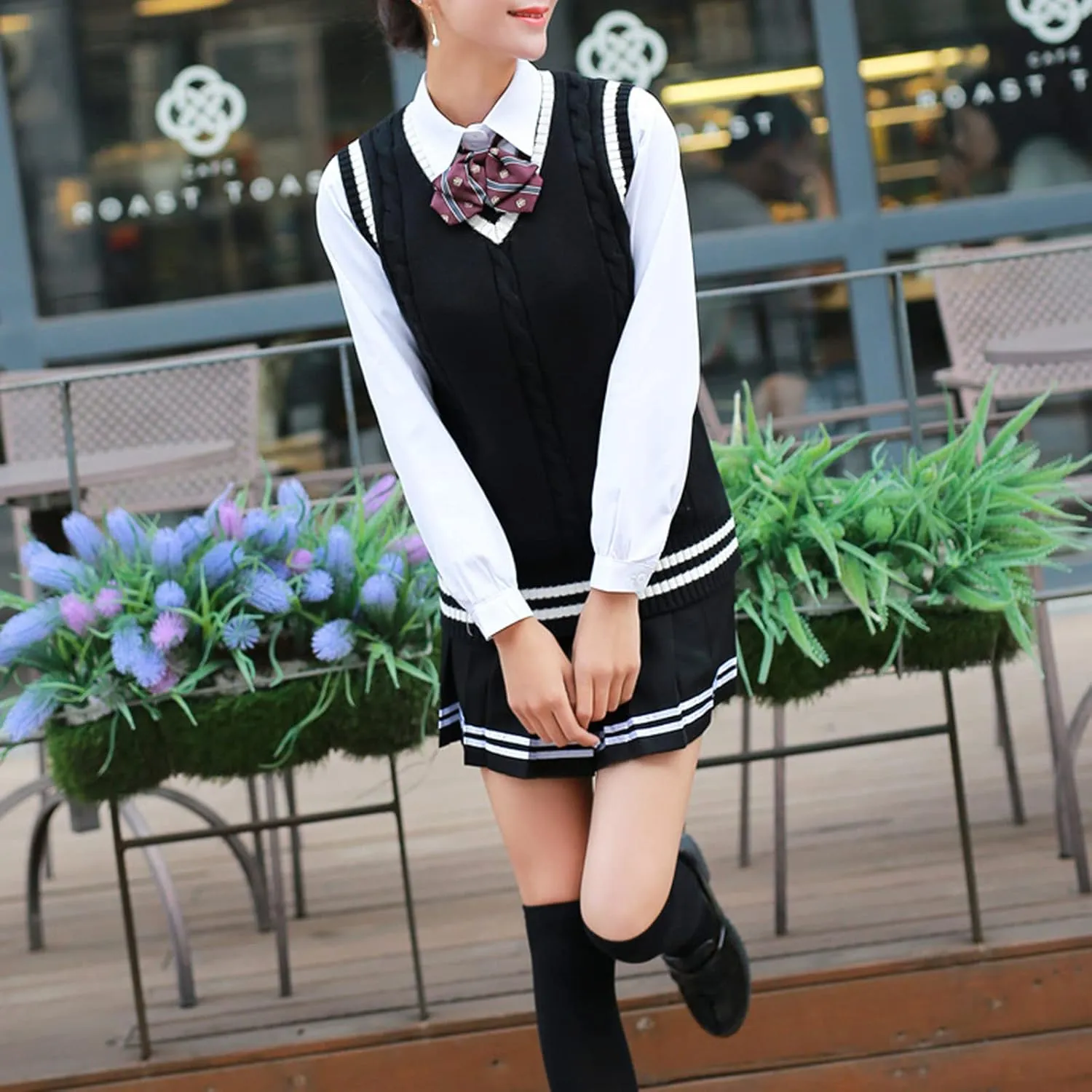 Blostirno Women’s Sweater Vest V Neck JK Uniform Kint Vests Solid Classic Sleeveless Pullover Sweaters Tops