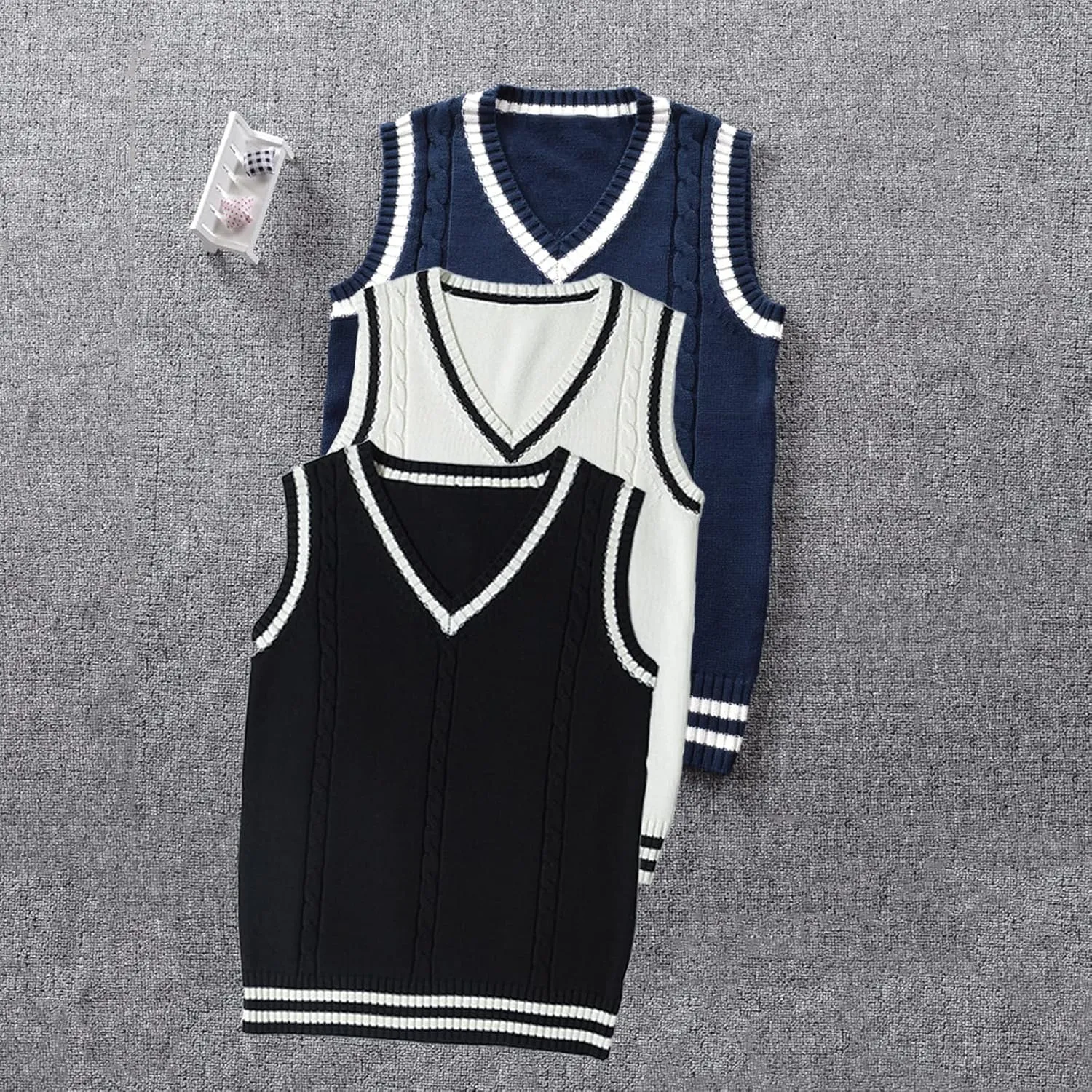 Blostirno Women’s Sweater Vest V Neck JK Uniform Kint Vests Solid Classic Sleeveless Pullover Sweaters Tops