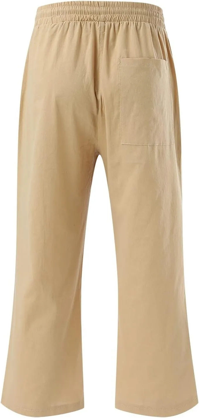 Capri Pants for Women Linen Casual Summer Straight Leg Loose Elastic High Waist Cropped Trouser Beach Pants