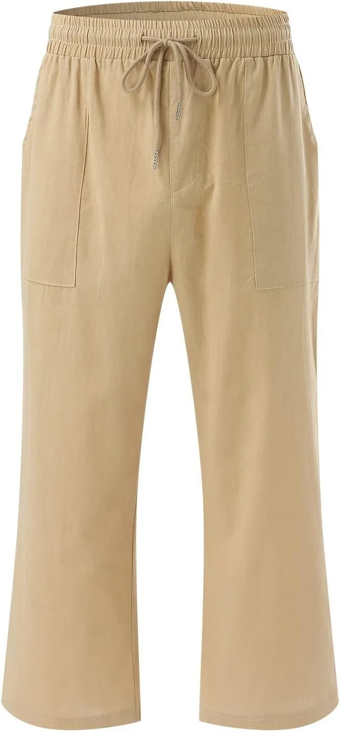 Capri Pants for Women Linen Casual Summer Straight Leg Loose Elastic High Waist Cropped Trouser Beach Pants
