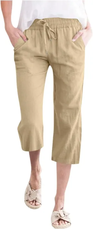 Capri Pants for Women Linen Casual Summer Straight Leg Loose Elastic High Waist Cropped Trouser Beach Pants