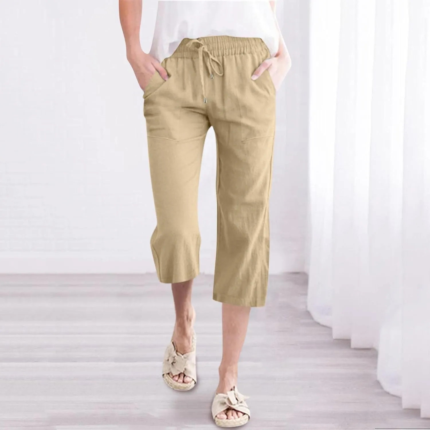 Capri Pants for Women Linen Casual Summer Straight Leg Loose Elastic High Waist Cropped Trouser Beach Pants