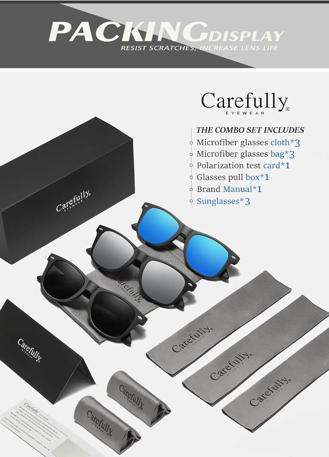 Carefully Driving Sunglasses Men Women Square Polarized Sun Glasses Fishing UV protection (3 pack)