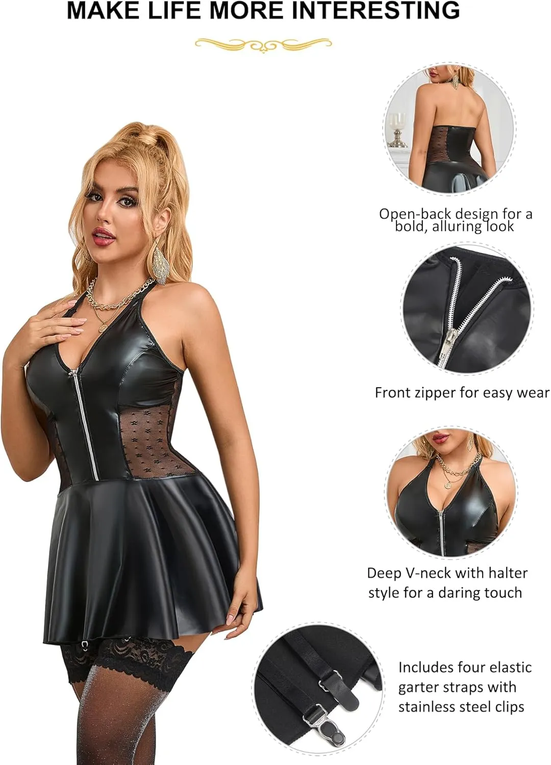 comeondear Women's Plus Size PU Leather Lingerie Set Backless Babydoll Clubwear with V-Neck Sexy Mini Dress with Zipper