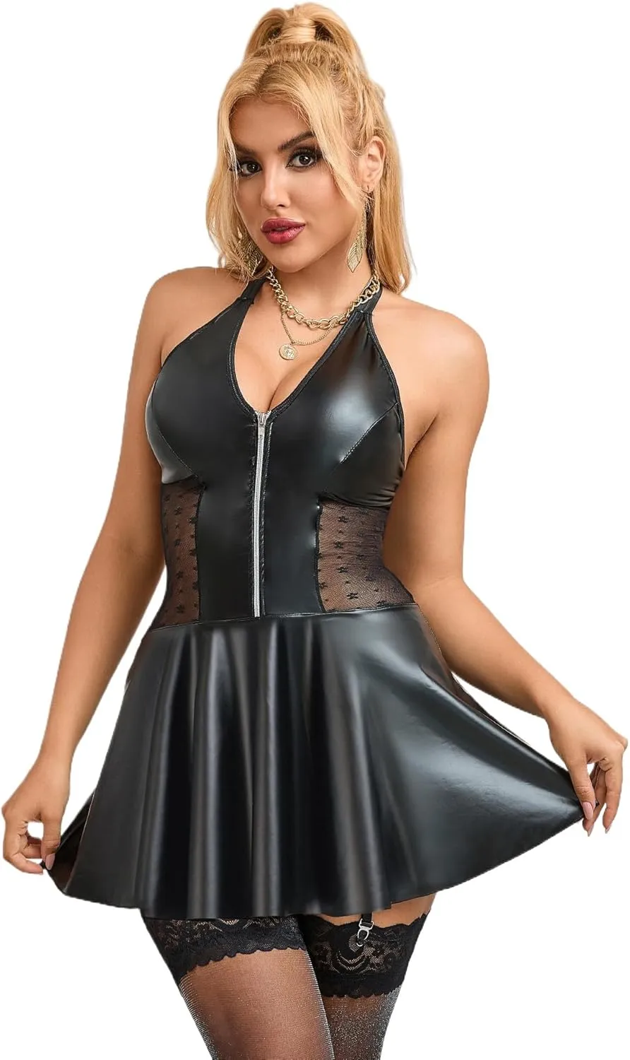 comeondear Women's Plus Size PU Leather Lingerie Set Backless Babydoll Clubwear with V-Neck Sexy Mini Dress with Zipper