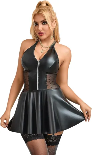 comeondear Women's Plus Size PU Leather Lingerie Set Backless Babydoll Clubwear with V-Neck Sexy Mini Dress with Zipper