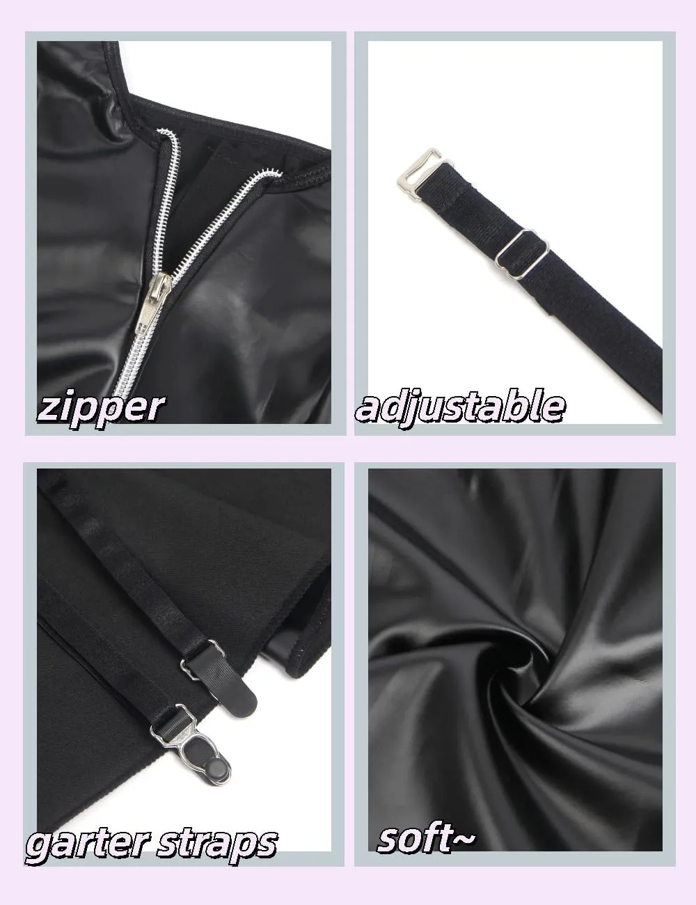 comeondear Women's Plus Size PU Leather Lingerie Set Backless Babydoll Clubwear with V-Neck Sexy Mini Dress with Zipper