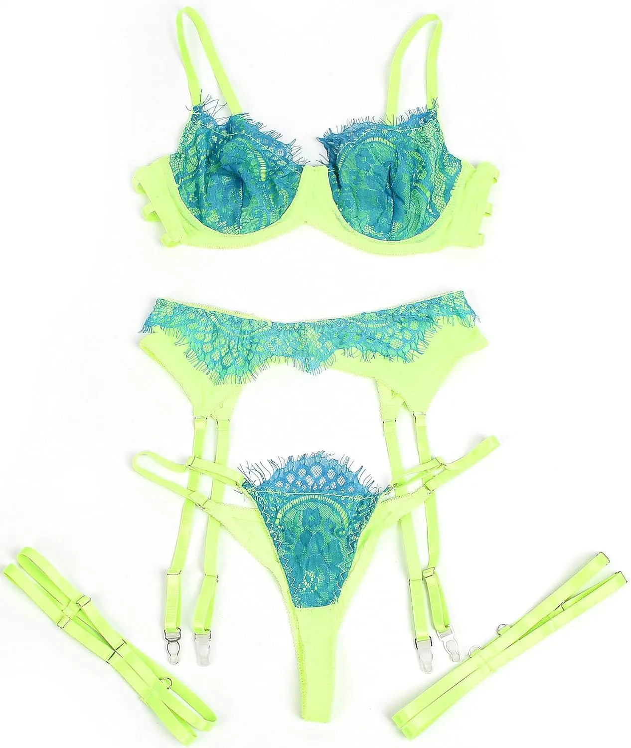comeondear Women's Underwire Lingerie with Garter Set Mesh Lace Plus Size Neon Lingerie Bra and Thong set 4-PCS Rave Outfit