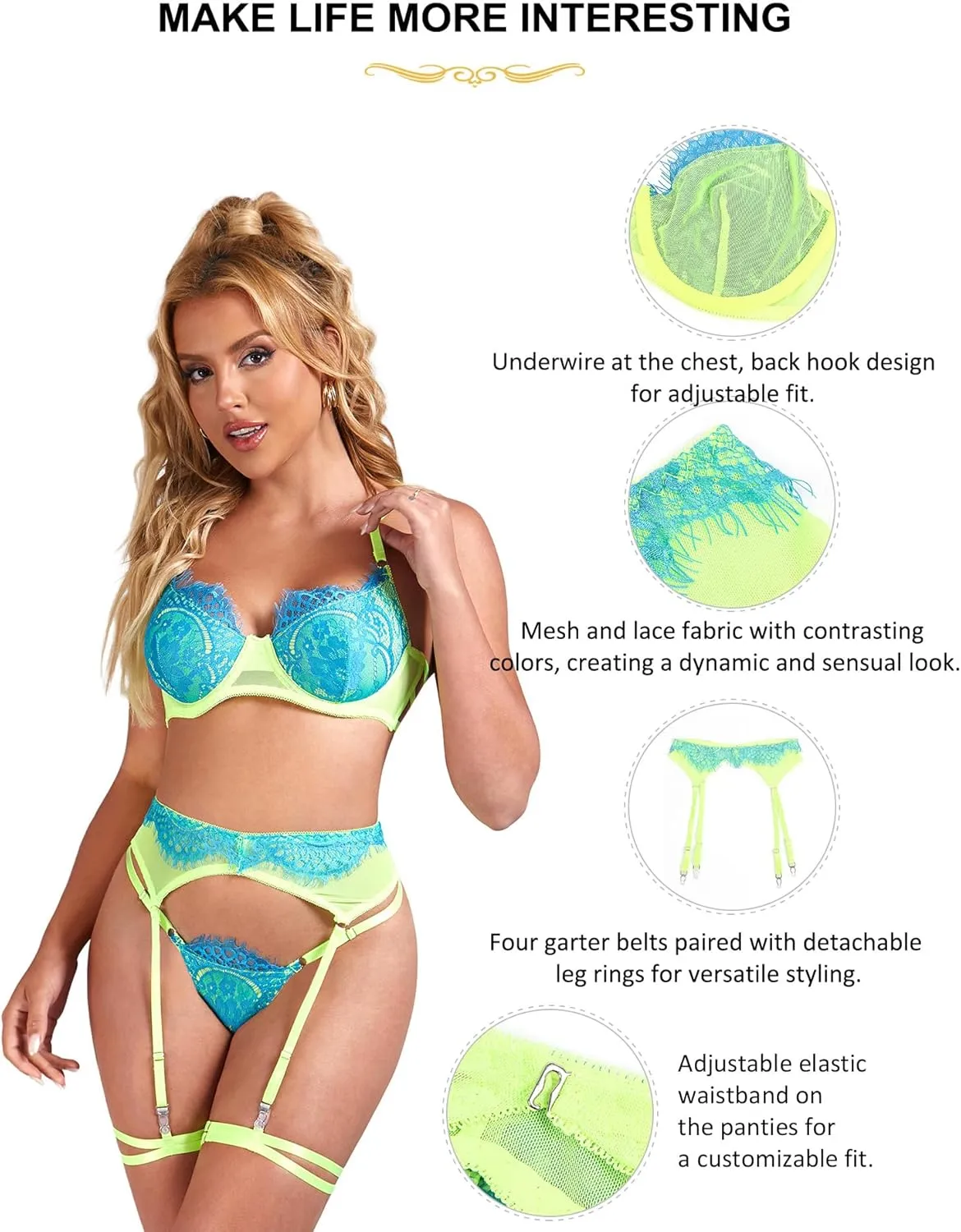comeondear Women's Underwire Lingerie with Garter Set Mesh Lace Plus Size Neon Lingerie Bra and Thong set 4-PCS Rave Outfit