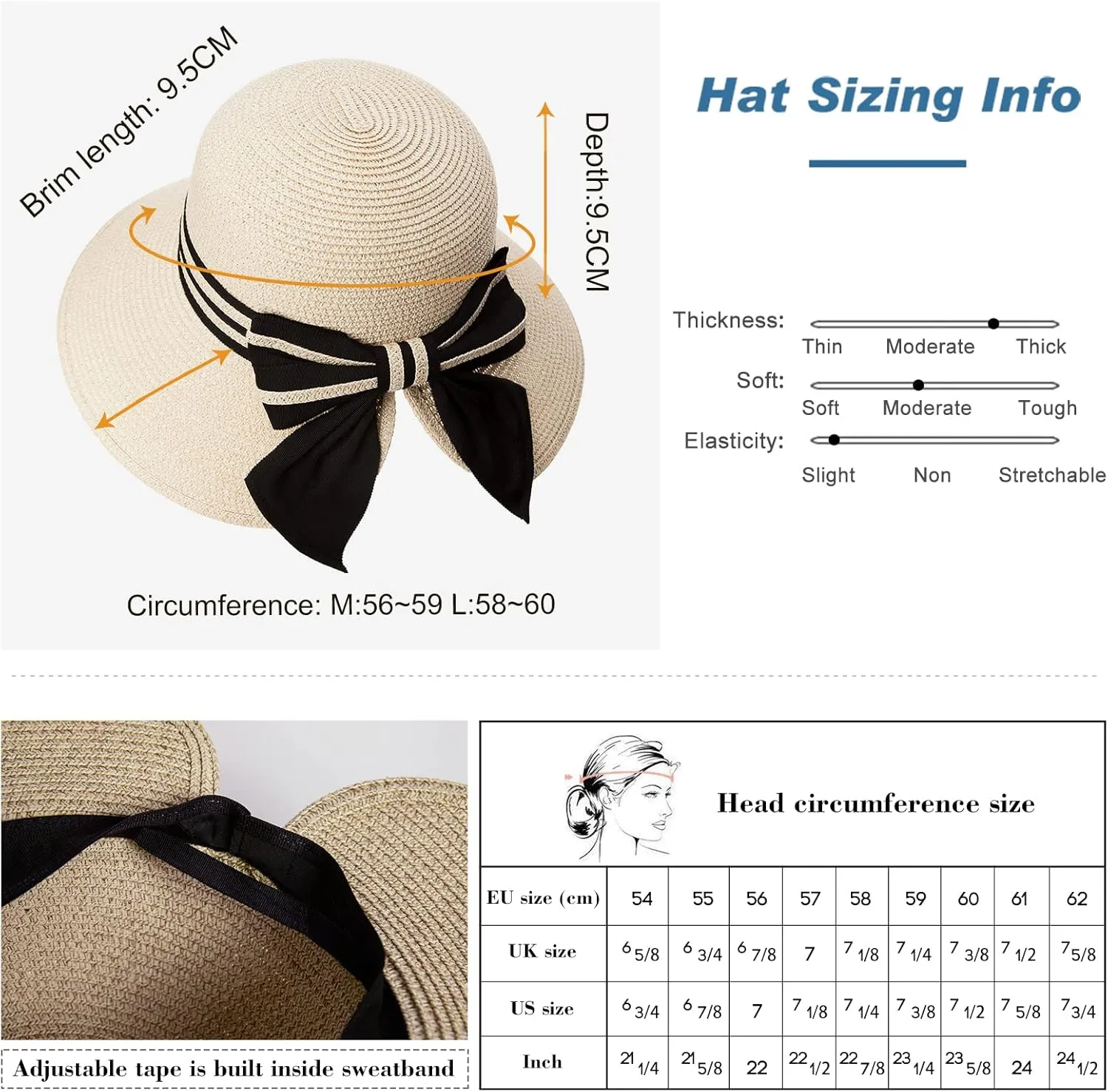 Comhats Sun Hat for Womens Floppy Summer Beach Straw Hats Accessories Wide Brim SPF 50 55-64CM