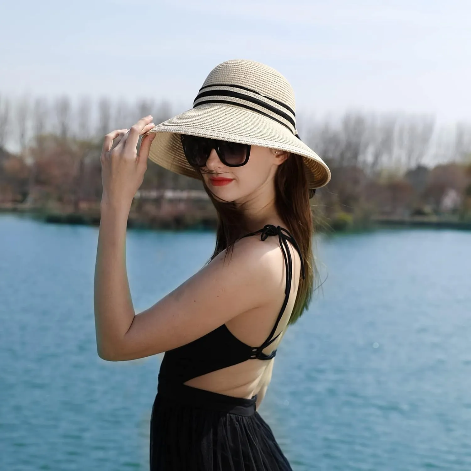 Comhats Sun Hat for Womens Floppy Summer Beach Straw Hats Accessories Wide Brim SPF 50 55-64CM
