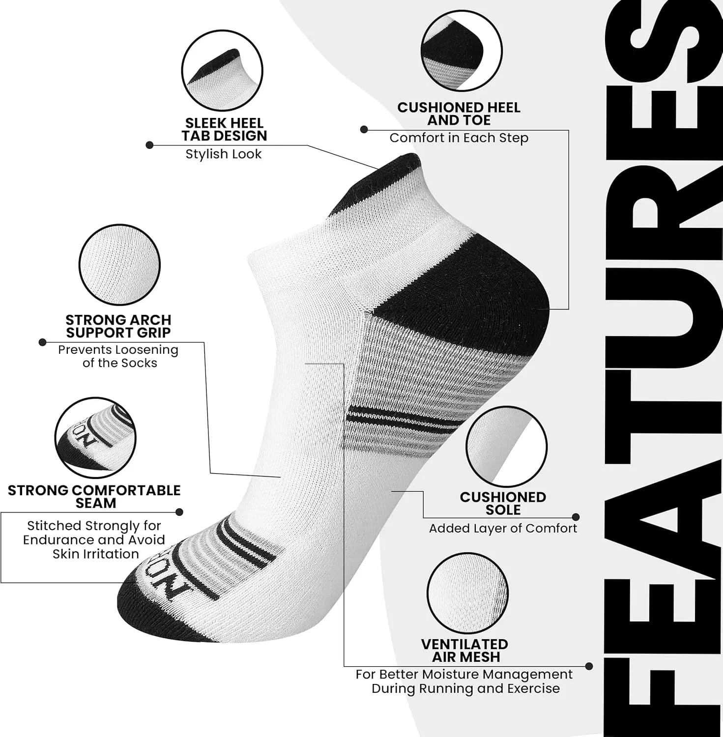 Compression Ankle Socks for Men & Women, Pack of 6, Athletic Cushioned Socks, Hiking, Running & Daily Wear, Size 7-10.
