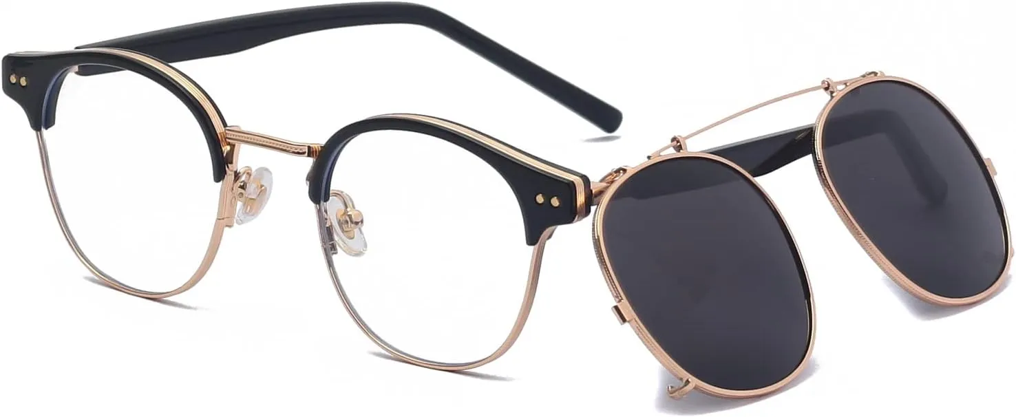 Dollger Double Lens Clip On Sunglasses Non-flip Lens Round Steampunk Style Glasses for Men Women